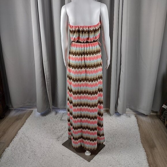 Rue 21 Women's Coral & Brown Geo Stripe Strapless Maxi Dress Size L - Picture 3 of 11